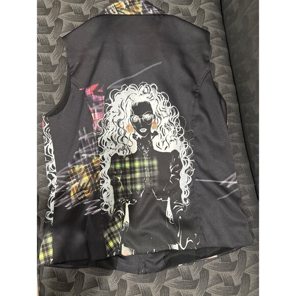 Rave EDC Biker Anime Zip-Front Black Sleeveless Top Pockets Plaid Accents By Mes - Picture 5 of 9
